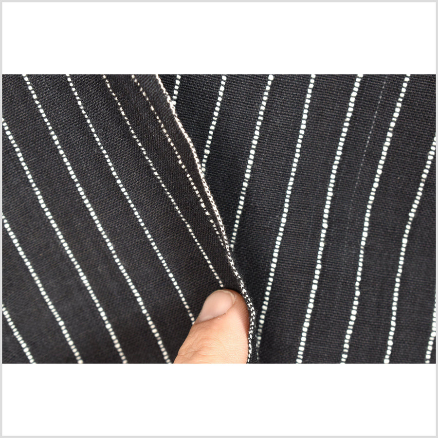 Black handwoven cotton with woven white vertical stripes, organic vegetable dye color, Thailand craft supply by the yard PHA246