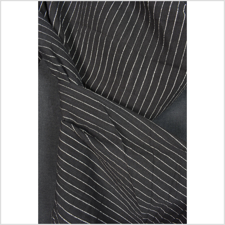 Black handwoven cotton with woven white vertical stripes, organic vegetable dye color, Thailand craft supply by the yard PHA246