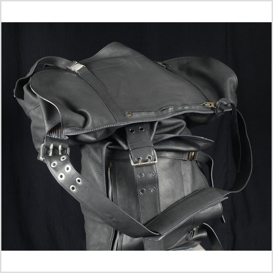 Black leather messenger bag, man's leather briefcase, crossbody laptop bag, large soft black leather travel bag indigo striped denim lining