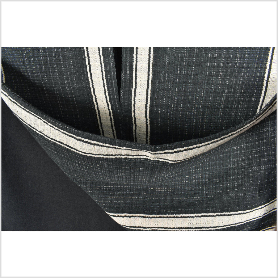 Black, off-white, natural organic dye cotton, handwoven neutral earth tone tribal textile, Karen Hmong fabric, Thai striped boho throw PP57