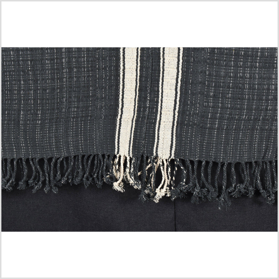 Black, off-white, natural organic dye cotton, handwoven neutral earth tone tribal textile, Karen Hmong fabric, Thai striped boho throw PP57