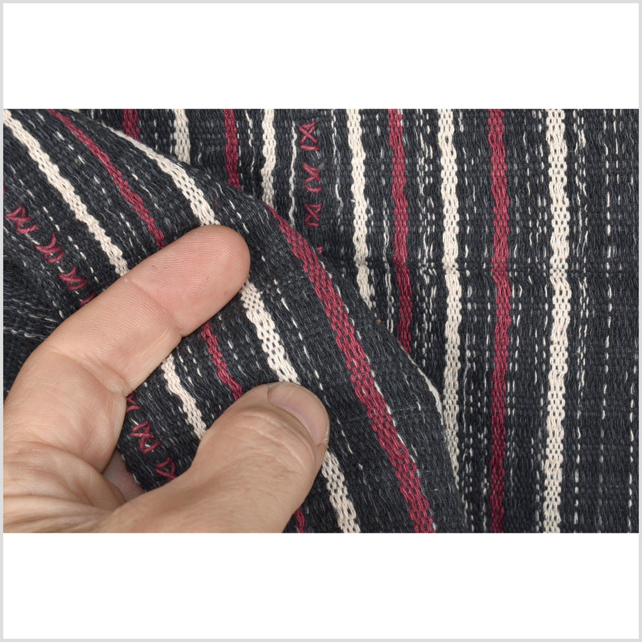 Black, white, red, natural organic dye cotton, handwoven neutral earth tone tribal textile, Karen Hmong fabric, Thai striped boho throw MQ34