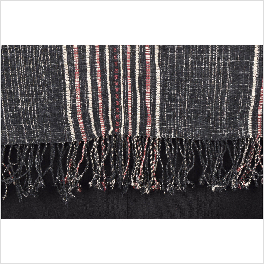 Black, white, red, natural organic dye cotton, handwoven neutral earth tone tribal textile, Karen Hmong fabric, Thai striped boho throw MQ35