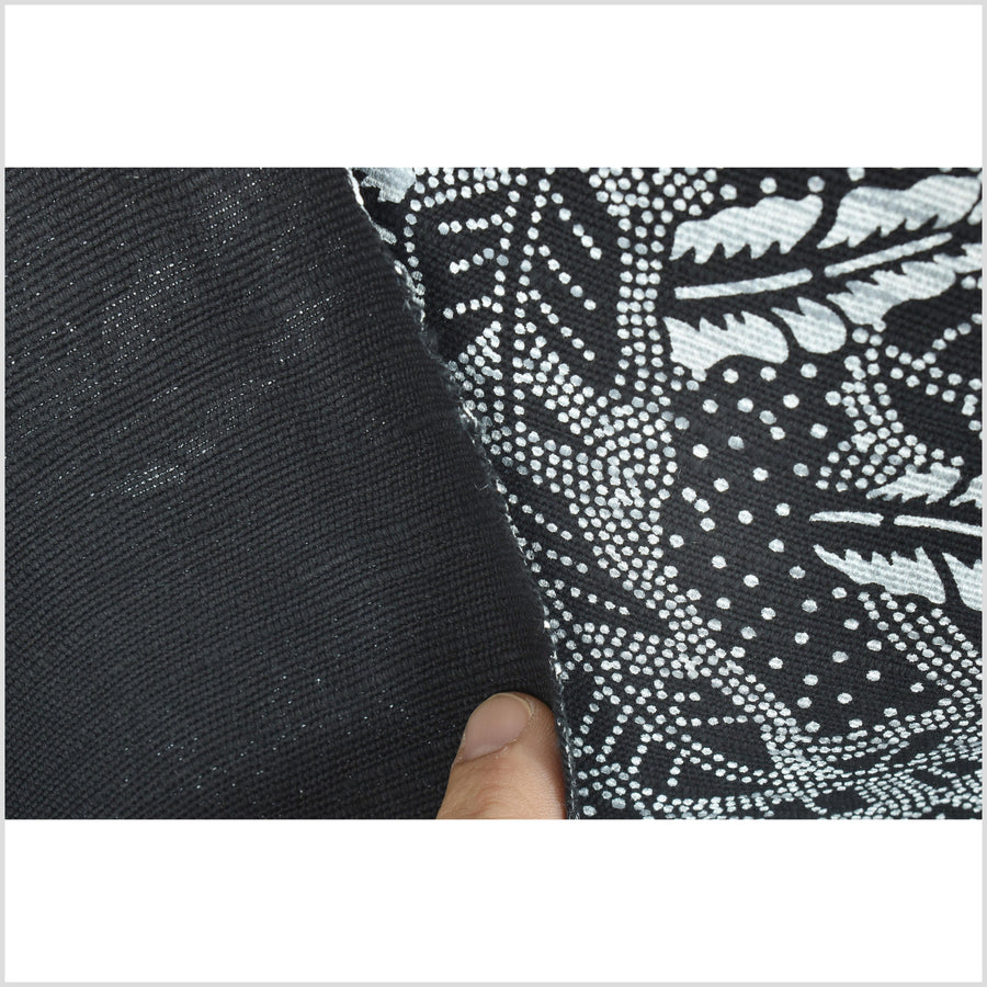 Black white, textured handwoven thick cotton fabric, floral leaf screen print, Thailand sewing craft, fabric per yard PHA292