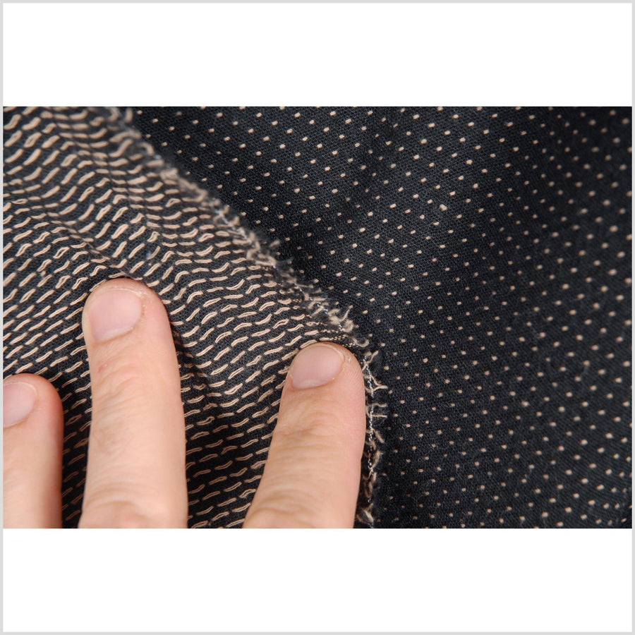 Black with brown polka dot and dashes, lightweight flat weave cotton fabric, Thailand woven craft, per yard PHA30