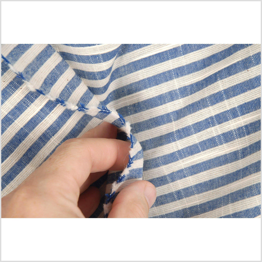Blue and beige striped muslin cotton fabric, lightweight, by the yard PHA46