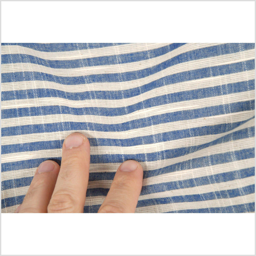 Blue and beige striped muslin cotton fabric, lightweight, by the yard PHA46