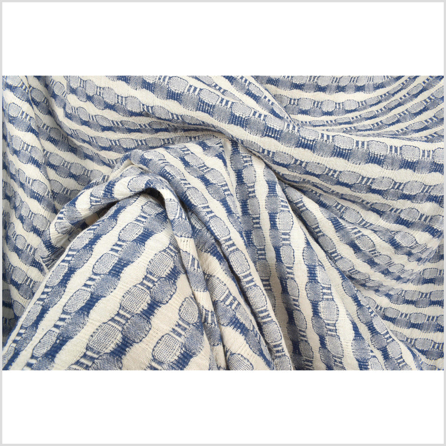 Blue and neutral unbleached off-white 100% cotton crepe fabric, circle and stripe woven pattern, per yard PHA101