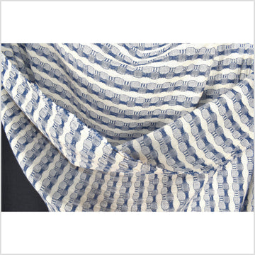Blue and neutral unbleached off-white 100% cotton crepe fabric, circle and stripe woven pattern, per yard PHA101