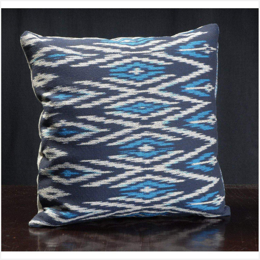 Blue throw pillow, decorative cushion, Laos ikat tribal textile, ethnic hand woven cotton blue indigo white boho fabric 18 x 18 inch BOY11