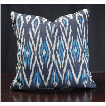 Blue throw pillow, decorative cushion, Laos ikat tribal textile, ethnic hand woven cotton blue indigo white boho fabric 18 x 18 inch BOY11