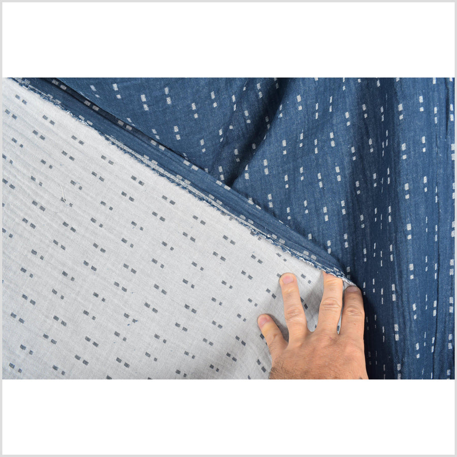 Blue white quilted two-ply cotton fabric with square geometric pattern, reversible, soft and flexible, medium-weight, Fabric By The Yard PHA157