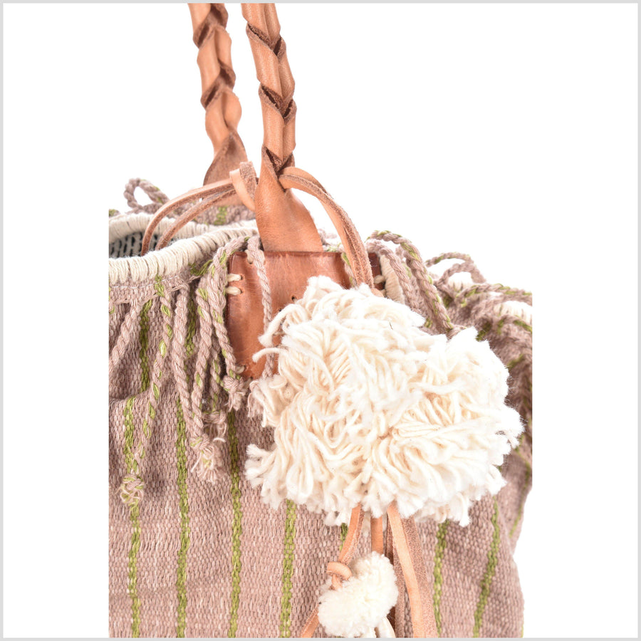 Blush striped cotton handbag, ethnic boho style, natural dye soft cotton, leather handles, tribal hand stitching BG30