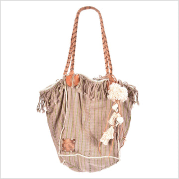 Blush striped cotton handbag, ethnic boho style, natural dye soft cotton, leather handles, tribal hand stitching BG30