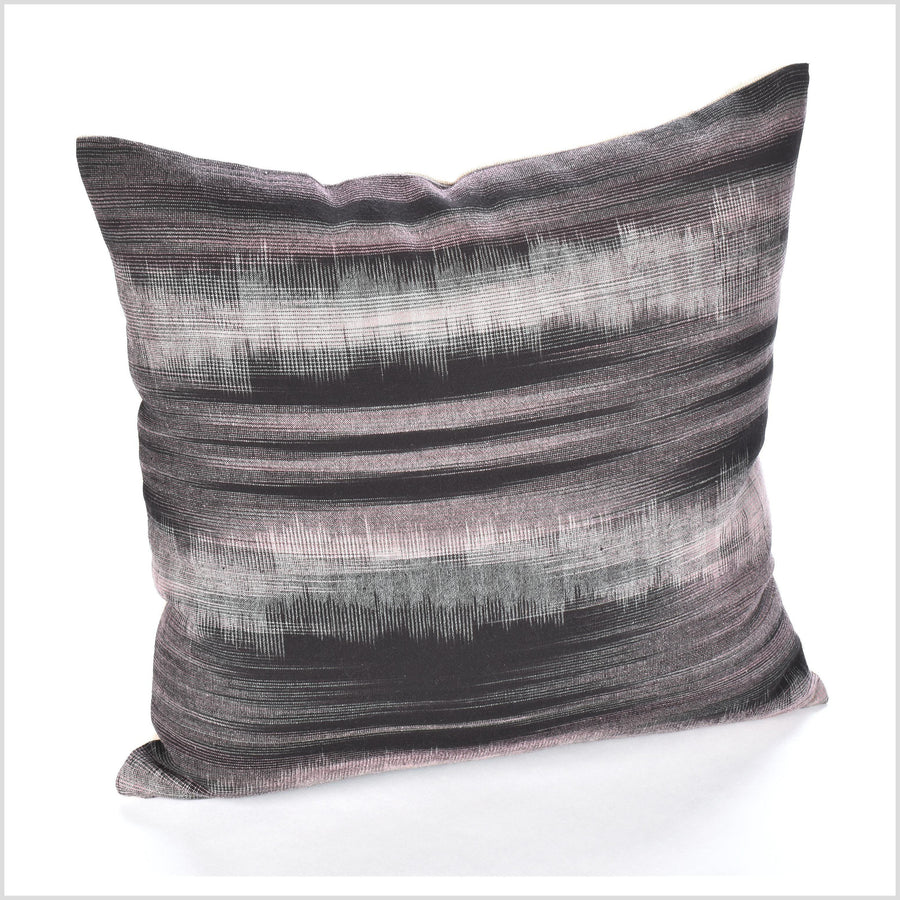 Bohemian decor pillow, Hmong tribal 19 in. square cushion, handwoven cotton, neutral blush gray black abstract natural organic dye LL18