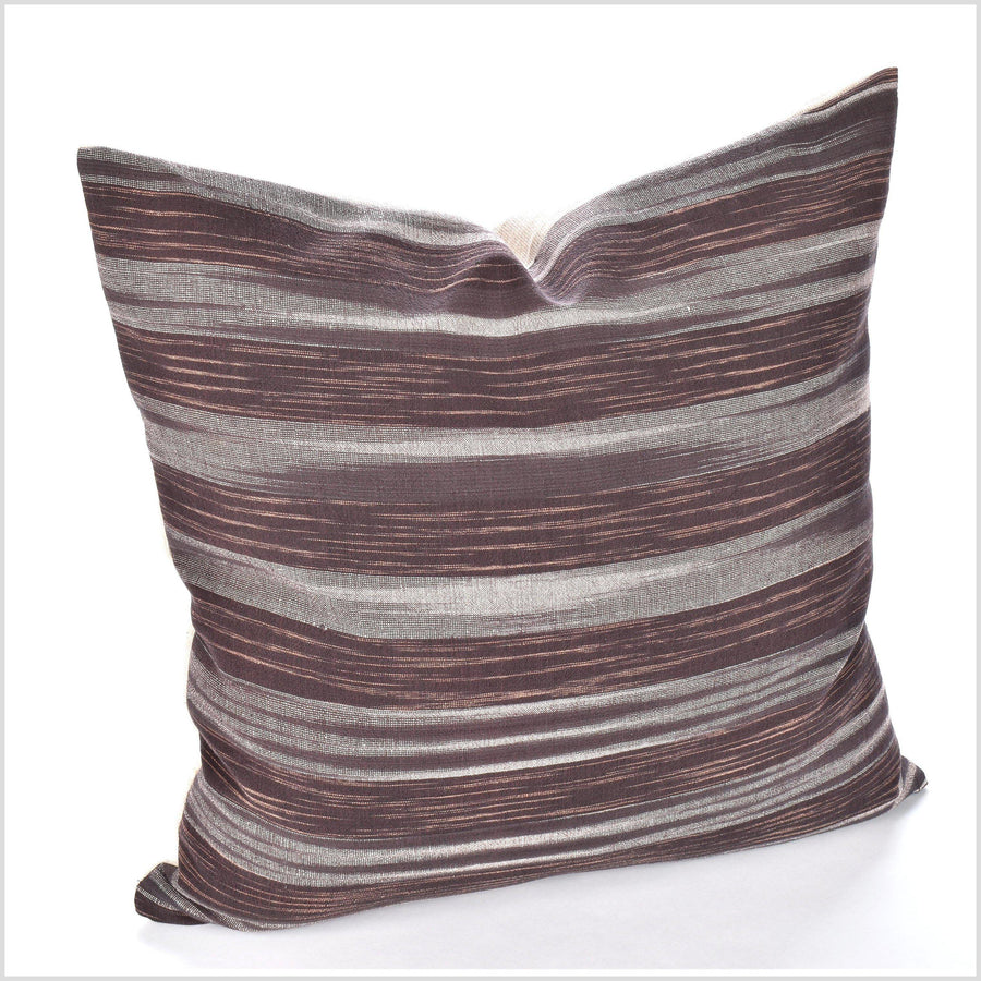 Bohemian decor pillow, Hmong tribal 20 in. square cushion, handwoven cotton, neutral blush gray brown abstract natural organic dye LL19
