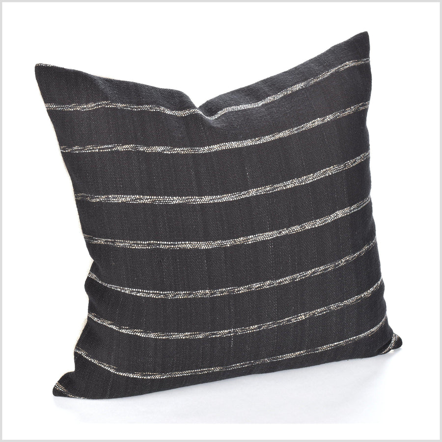 Bohemian decor pillow, Hmong tribal 21 in. square cushion, handwoven cotton, neutral gray brown black stripe natural organic dye LL17