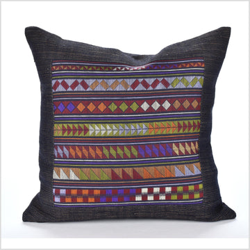 Bohemian ethnic Akha pillow, hand embroidered traditional textile, 14 in. square cushion, fair trade, purple, pink, green, blue, rose LL4