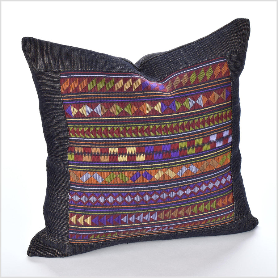 Bohemian ethnic Akha pillow, hand embroidered traditional textile, 14 in. square cushion, fair trade, purple, pink, green, blue, rose LL5