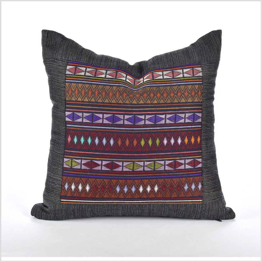 Bohemian ethnic Akha pillow, hand embroidered traditional textile, 15 in. square cushion, fair trade, purple, pink, green, blue, rose AK6