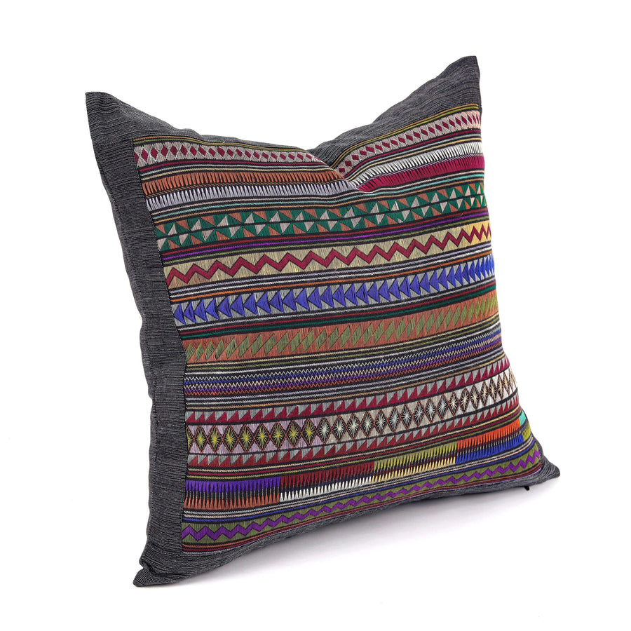 Bohemian ethnic Akha pillow, hand embroidered traditional textile, 22 in. square cushion, fair trade, purple, pink, green, blue, rose YY1