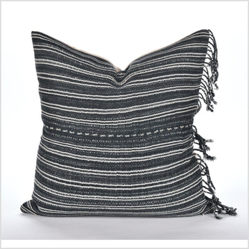 Bohemian home decor, handwoven cotton pillowcase, 19 in. square cushion, farmhouse style, gray white tassel striped pillow, organic dye LL35