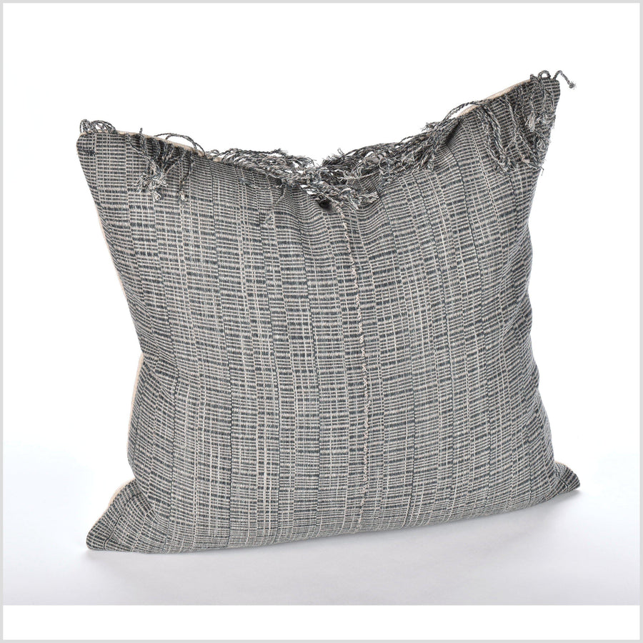 Bohemian home decor, handwoven cotton pillowcase, 20 in. square cushion, farmhouse style, gray tassel striped pillow, organic dye LL37