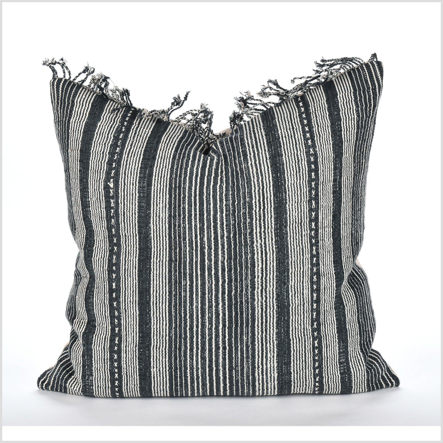 Bohemian home decor, handwoven cotton pillowcase, 21 in. square cushion, farmhouse style, black, off-white striped pillow, organic dye LL34