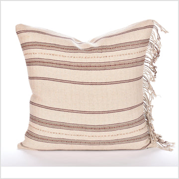 Bohemian home decor, handwoven hemp pillowcase, 21 in. square cushion, farmhouse style, beige brown tassel pillow, organic dye LL28