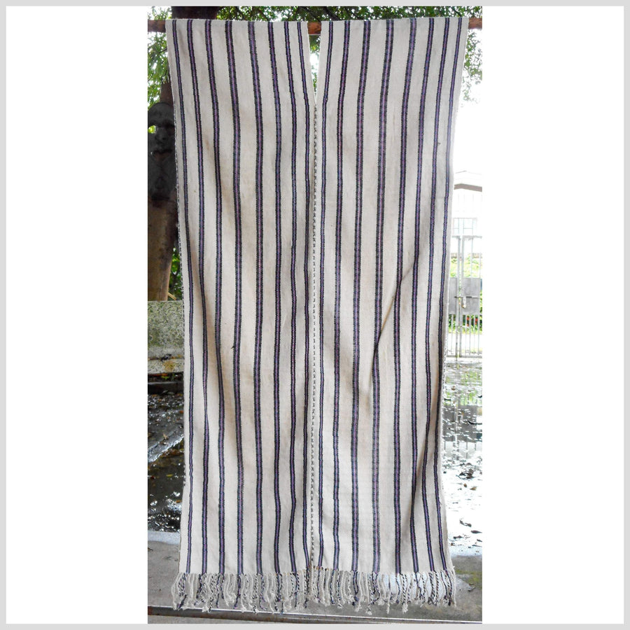 Boho fabric ethnic cotton shirt tribal Karen handwoven stripe textile white black pink blue natural cotton tassel handmade minority CR95