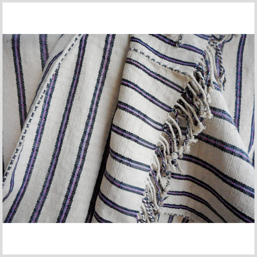 Boho fabric ethnic cotton shirt tribal Karen handwoven stripe textile white black pink blue natural cotton tassel handmade minority CR95