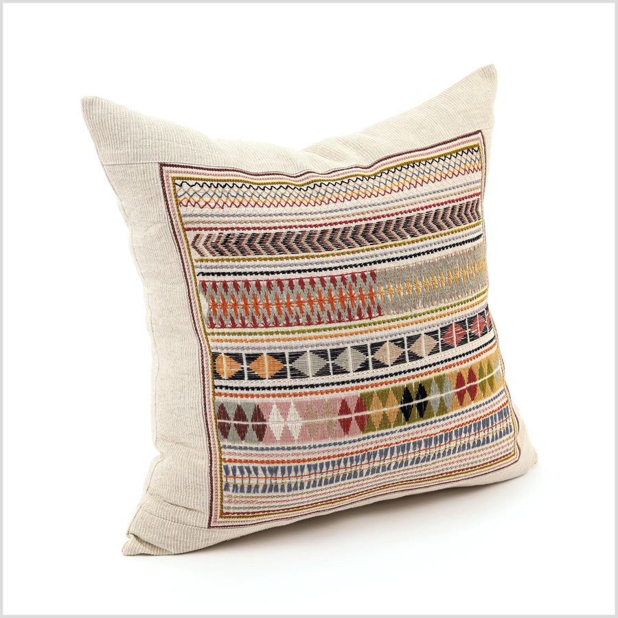 Boho tribal ethnic Akha pillow, hand embroidered traditional textile, 20 in. square cushion, fair trade, bright multi colors, cheerful YY10