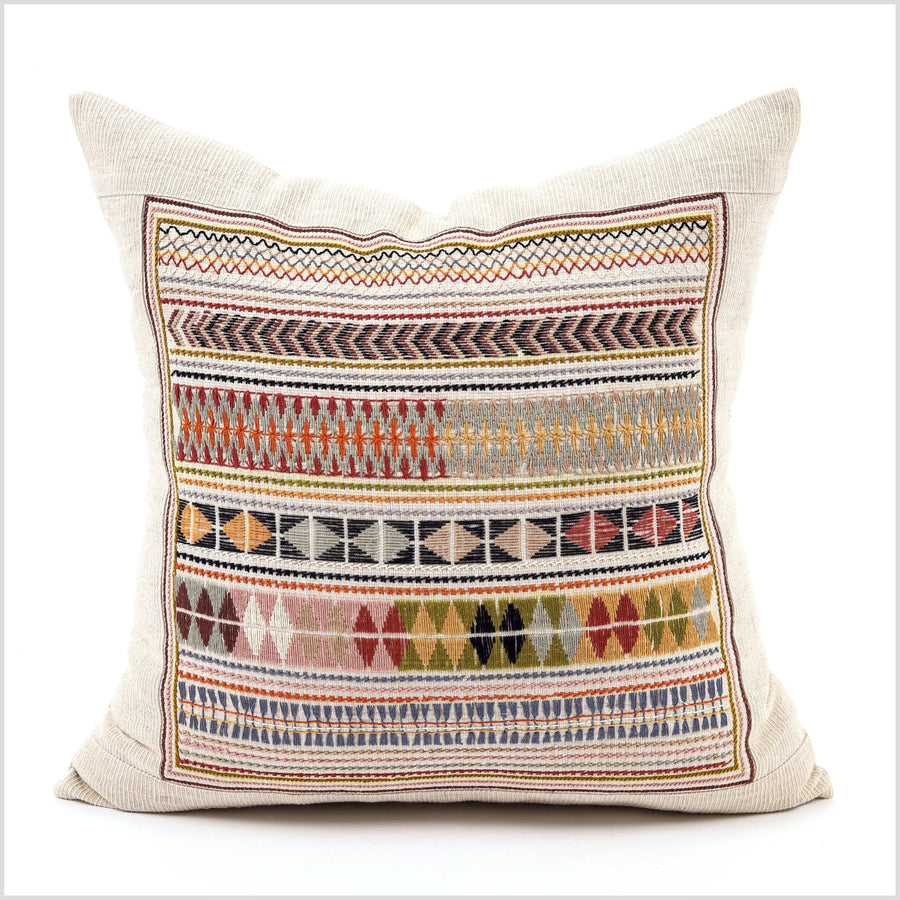 Boho tribal ethnic Akha pillow, hand embroidered traditional textile, 20 in. square cushion, fair trade, bright multi colors, cheerful YY10
