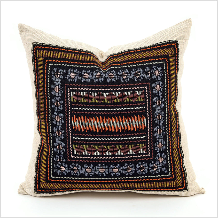 Boho tribal ethnic Akha pillow, hand embroidered traditional textile, 20 in. square cushion, fair trade, bright multi colors, cheerful YY11