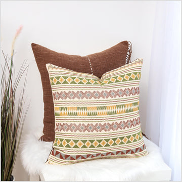 Boho tribal ethnic Akha pillow, hand embroidered traditional textile, 20 in. square cushion, fair trade, bright multi colors, cheerful YY13