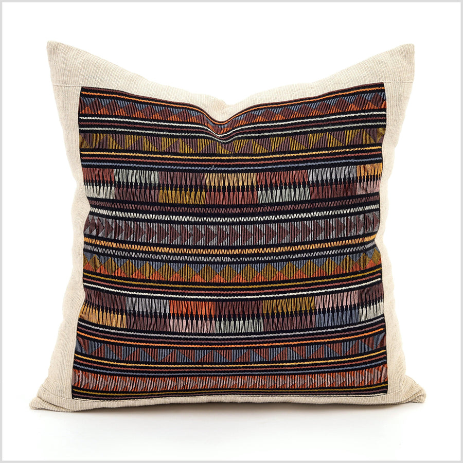 Boho tribal ethnic Akha pillow, hand embroidered traditional textile, 20 in. square cushion, fair trade, bright multi colors, cheerful YY6