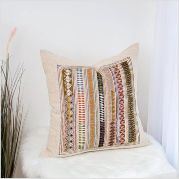 Boho tribal ethnic Akha pillow, hand embroidered traditional textile, 20 in. square cushion, fair trade, bright multi colors, cheerful YY7
