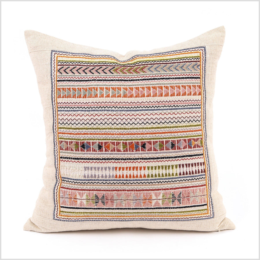 Boho tribal ethnic Akha pillow, hand embroidered traditional textile, 20 in. square cushion, fair trade, bright multi colors, cheerful YY9