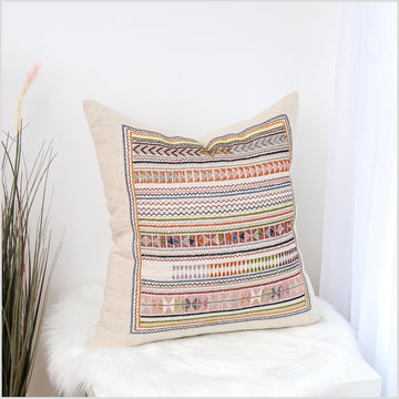 Boho tribal ethnic Akha pillow, hand embroidered traditional textile, 20 in. square cushion, fair trade, bright multi colors, cheerful YY9