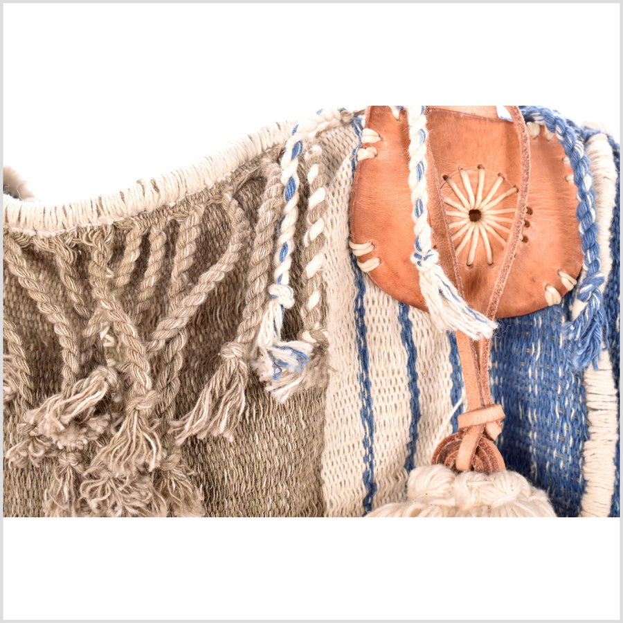 Brown blue white striped summer handbag, ethnic boho style, natural dye soft cotton, leather handles, tribal hand stitching BG14