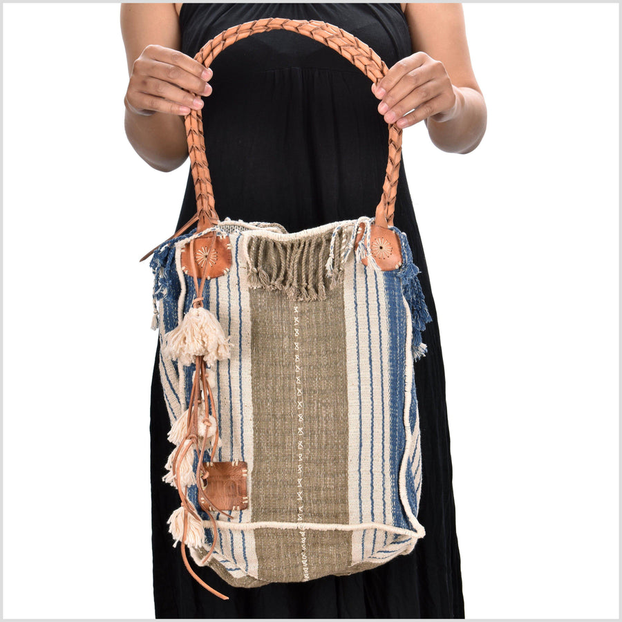 Brown blue white striped summer handbag, ethnic boho style, natural dye soft cotton, leather handles, tribal hand stitching BG14