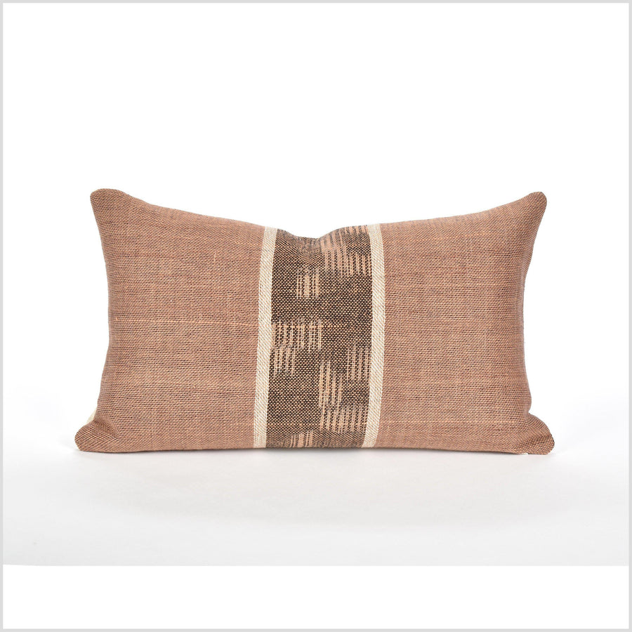 Brown blush beige pillow, organic dye, bohemian home decor, handwoven cotton pillowcase, 20 in. square cushion, farmhouse style, QQ12