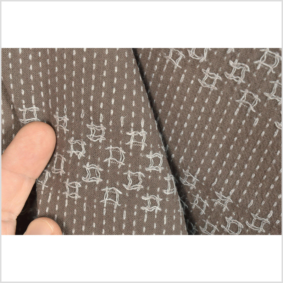 Brown dark mocha cotton fabric with raised striped embroidery in gray, medium weight poplin, geometric square pattern Thailand woven PHA252