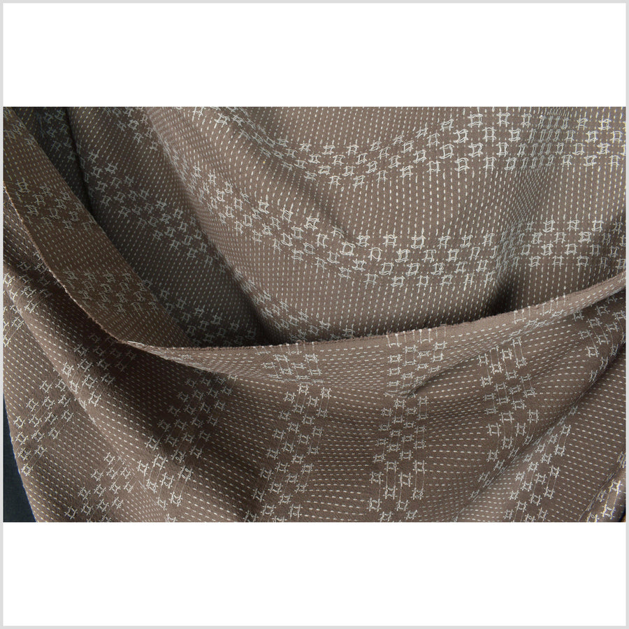 Brown dark mocha cotton fabric with raised striped embroidery in gray, medium weight poplin, geometric square pattern Thailand woven PHA252