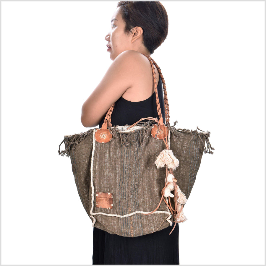 Brown striped cotton handbag, ethnic boho style, natural dye soft cotton, leather handles, tribal hand stitching BG15