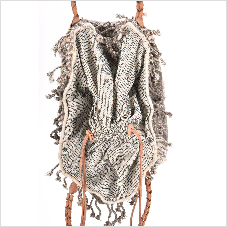 Brown striped cotton handbag, ethnic boho style, natural dye soft cotton, leather handles, tribal hand stitching BG20