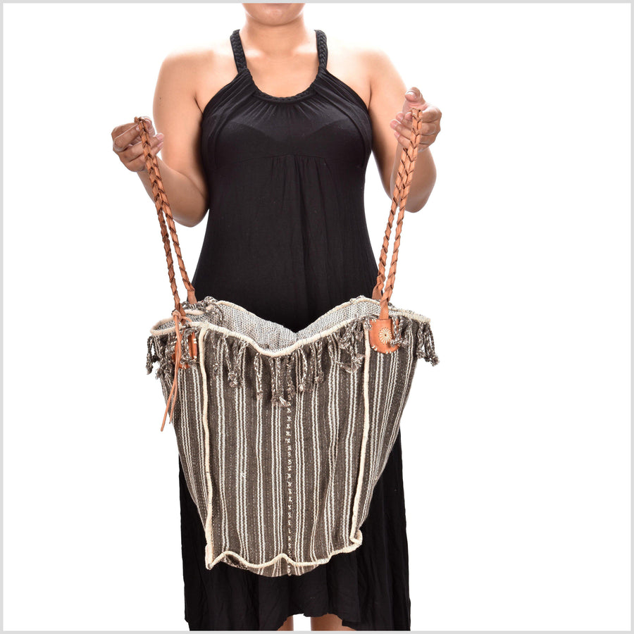 Brown striped cotton handbag, ethnic boho style, natural dye soft cotton, leather handles, tribal hand stitching BG22