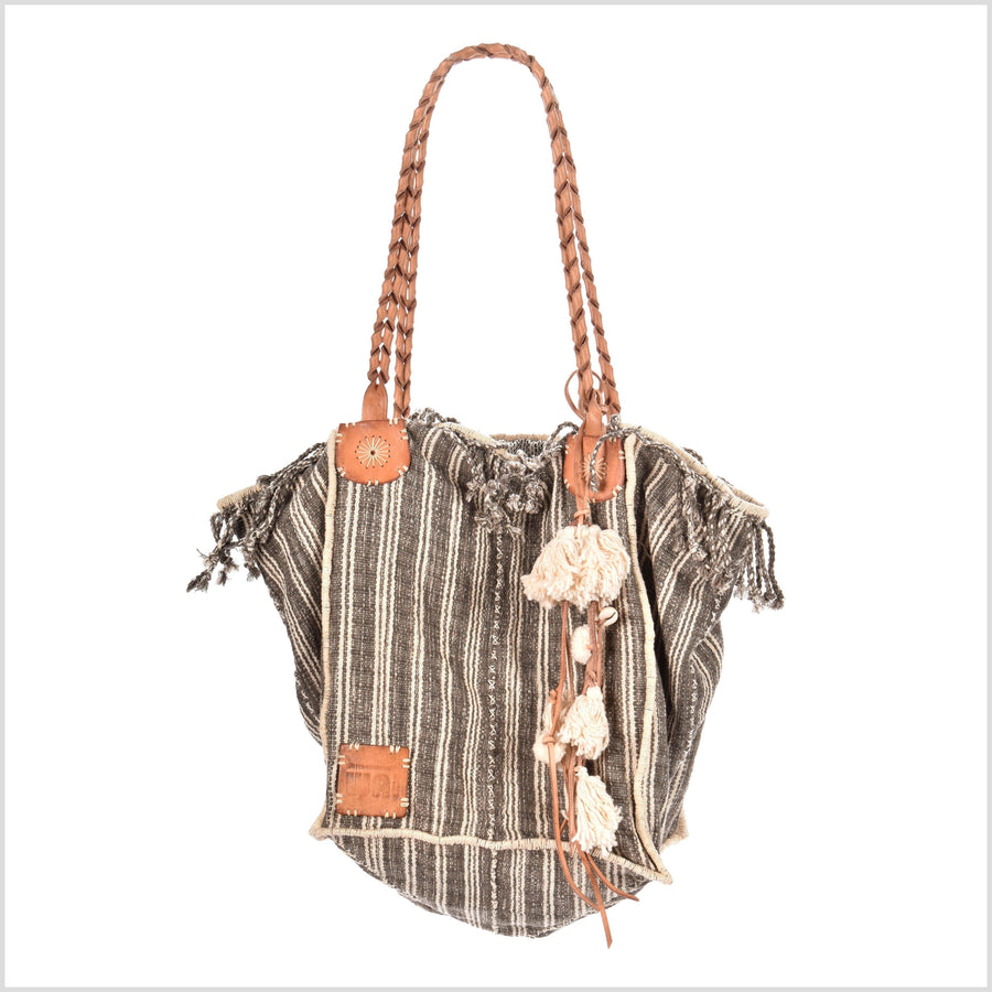 Brown striped cotton handbag, ethnic boho style, natural dye soft cotton, leather handles, tribal hand stitching BG25