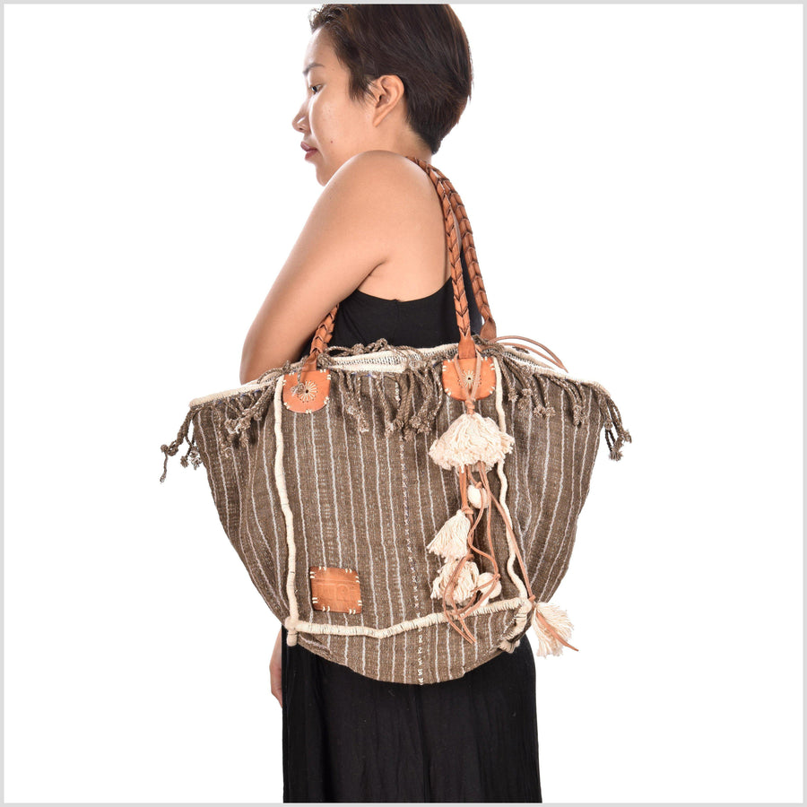 Brown striped cotton handbag, ethnic boho style, natural dye soft cotton, leather handles, tribal hand stitching BG26