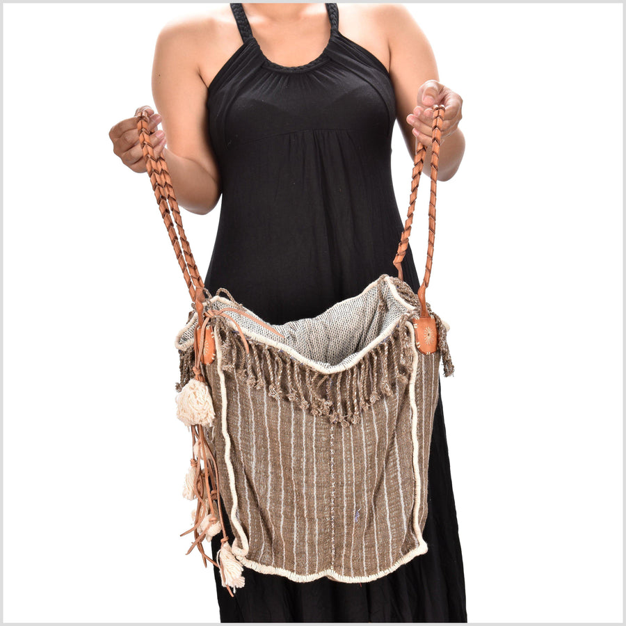 Brown striped cotton handbag, ethnic boho style, natural dye soft cotton, leather handles, tribal hand stitching BG26